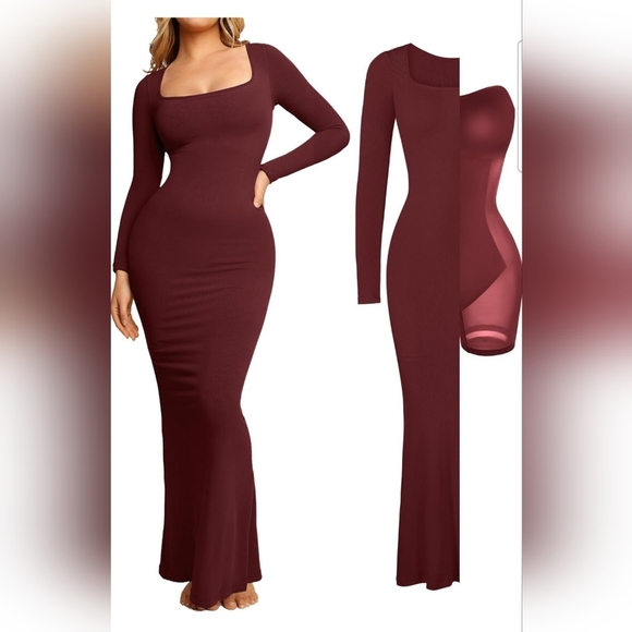 Popilush Dresses & Skirts - Popilush Women's Dark Red Long Sleeve Shapewear Tummy Control Maxi Dress Size XS
